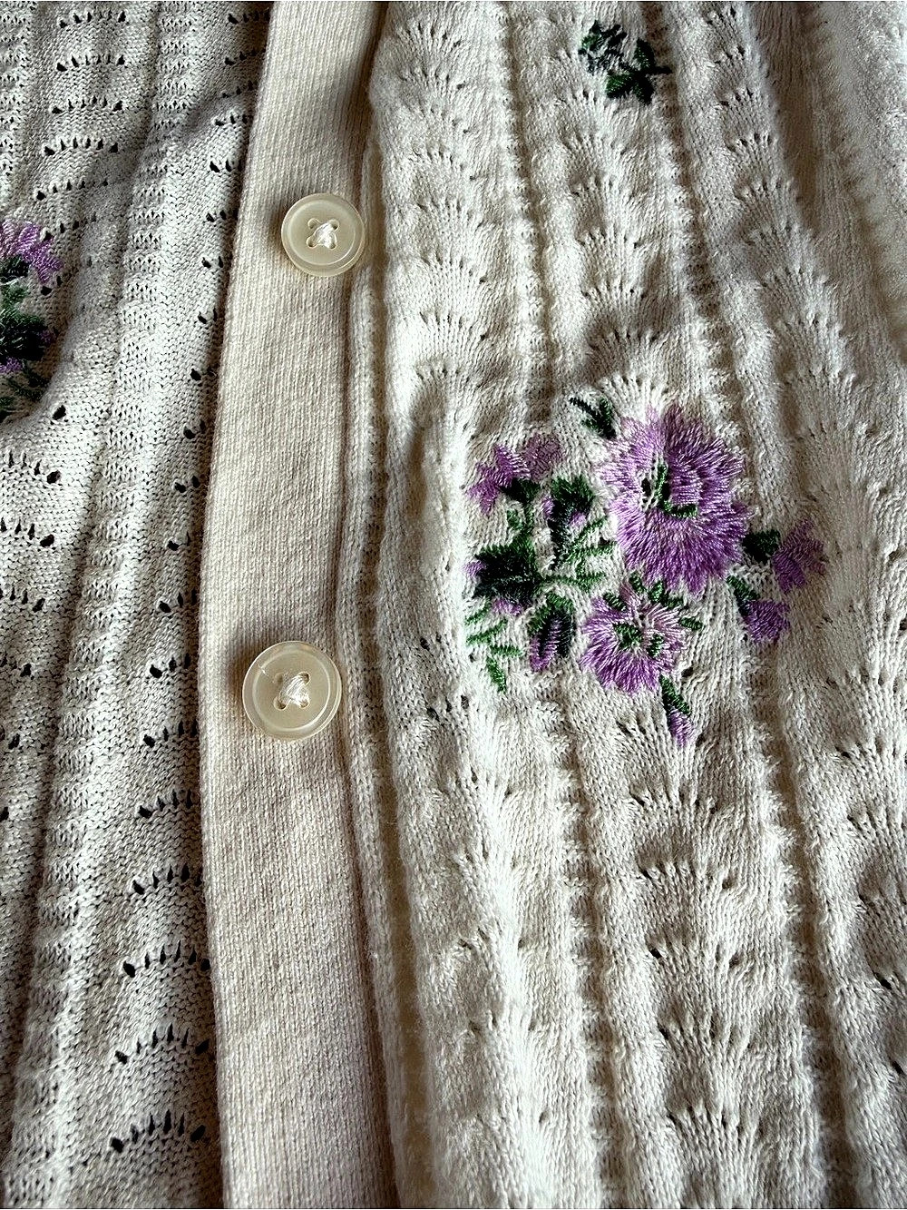 LOFT Floral Embroidered Pointelle Cardigan White & Purple Medium - Picture 3 of 4